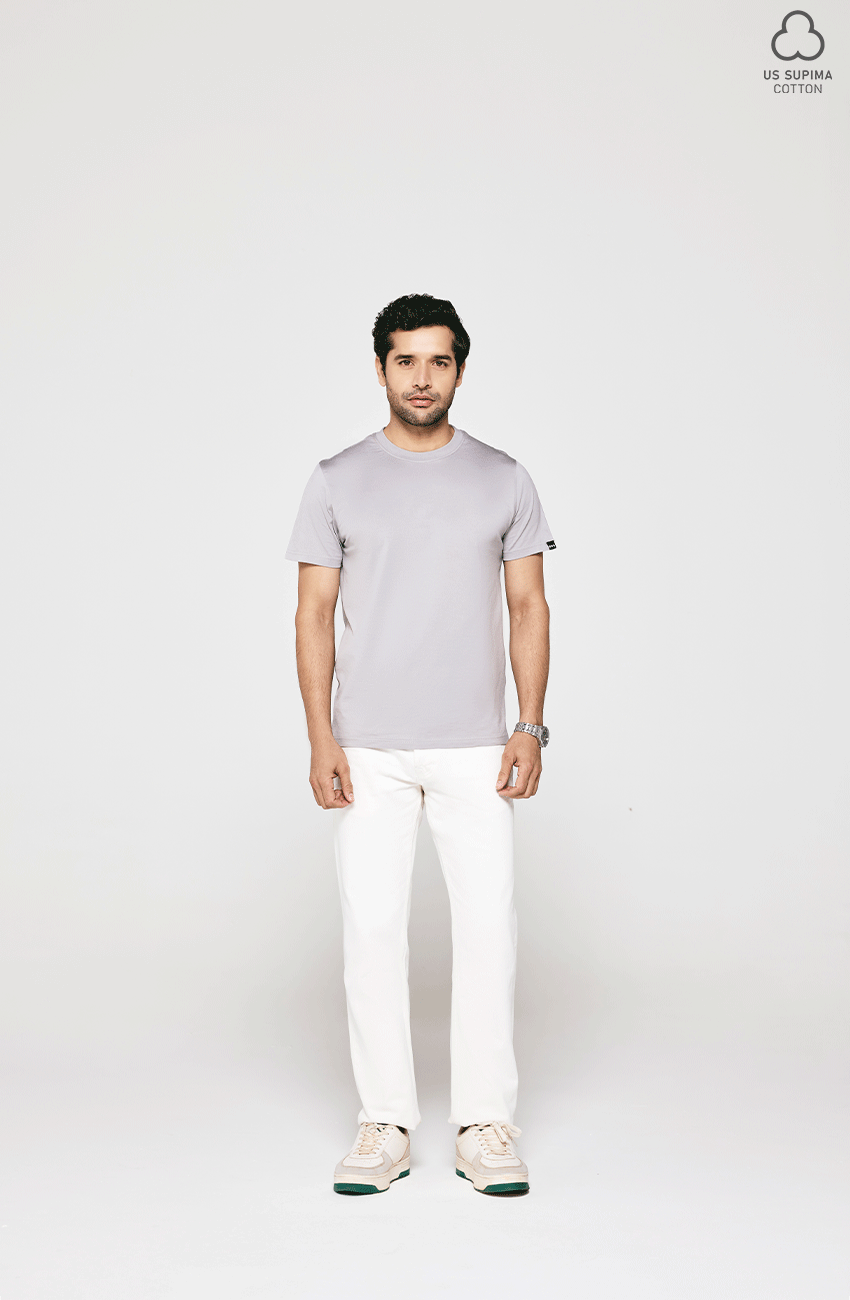 GREY SUPIMA COTTON CREW NECK T-SHIRT