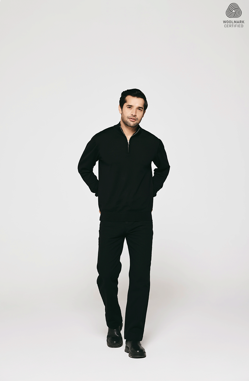 BLACK MERINO WOOL HALF ZIPPER PULLOVER