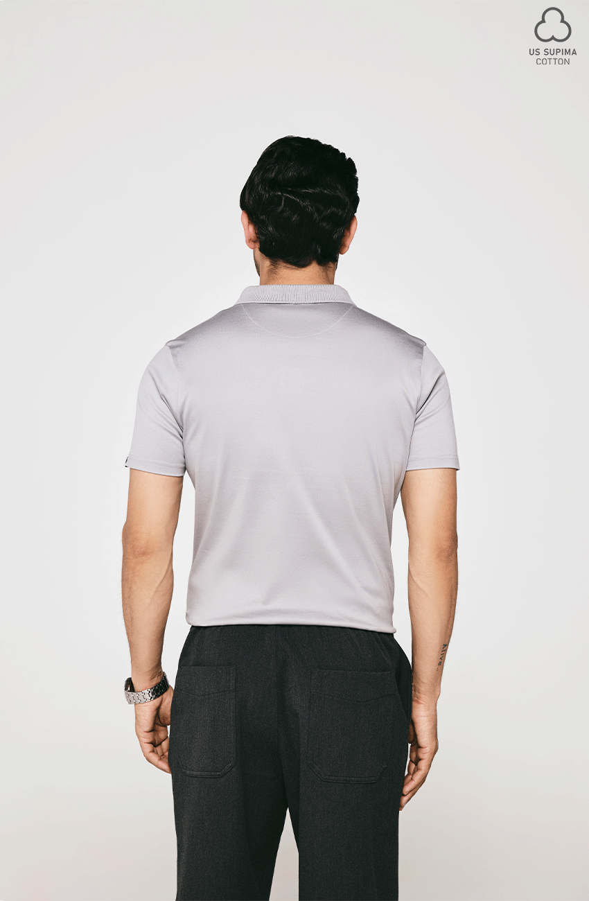 GREY SUPIMA COTTON POLO T-SHIRT