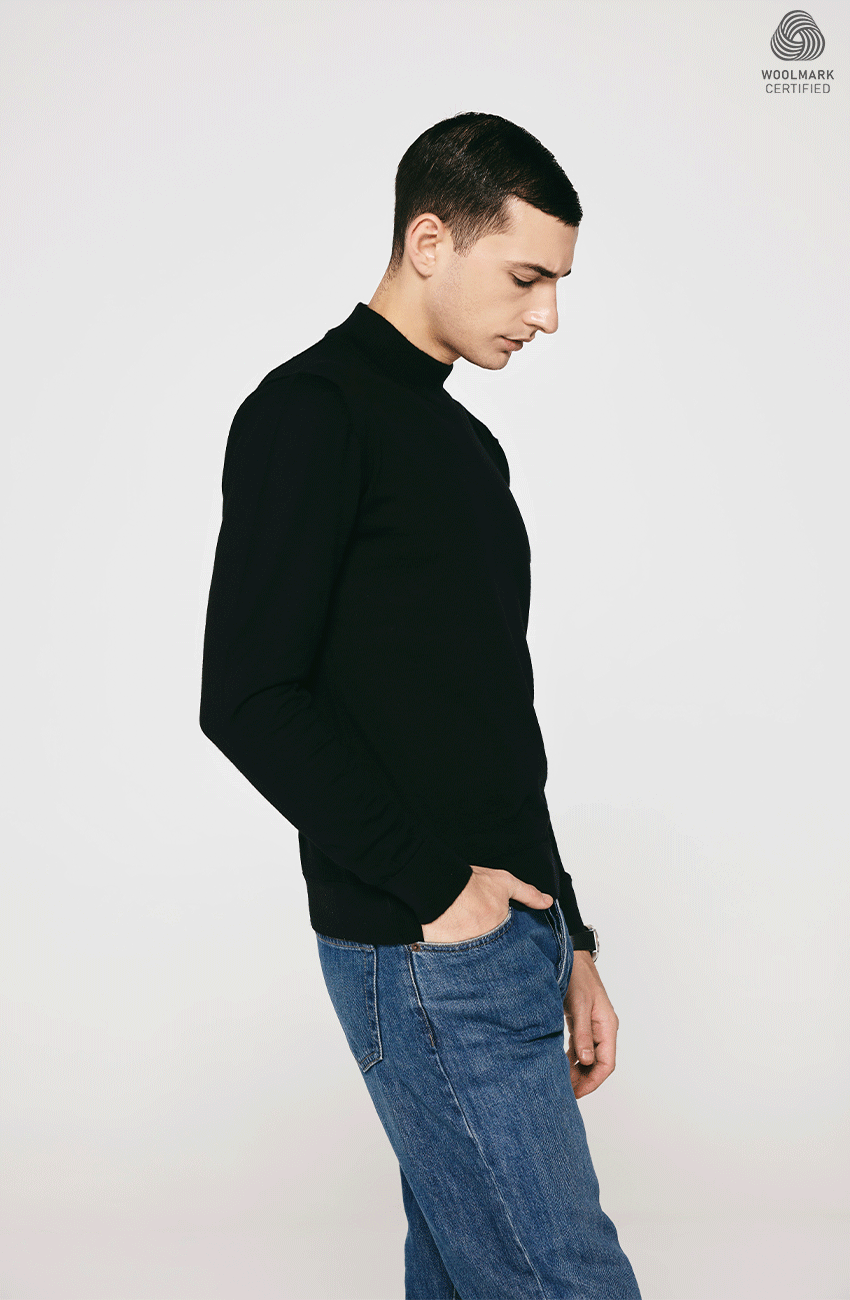 BLACK MERINO WOOL CREW NECK  PULLOVER