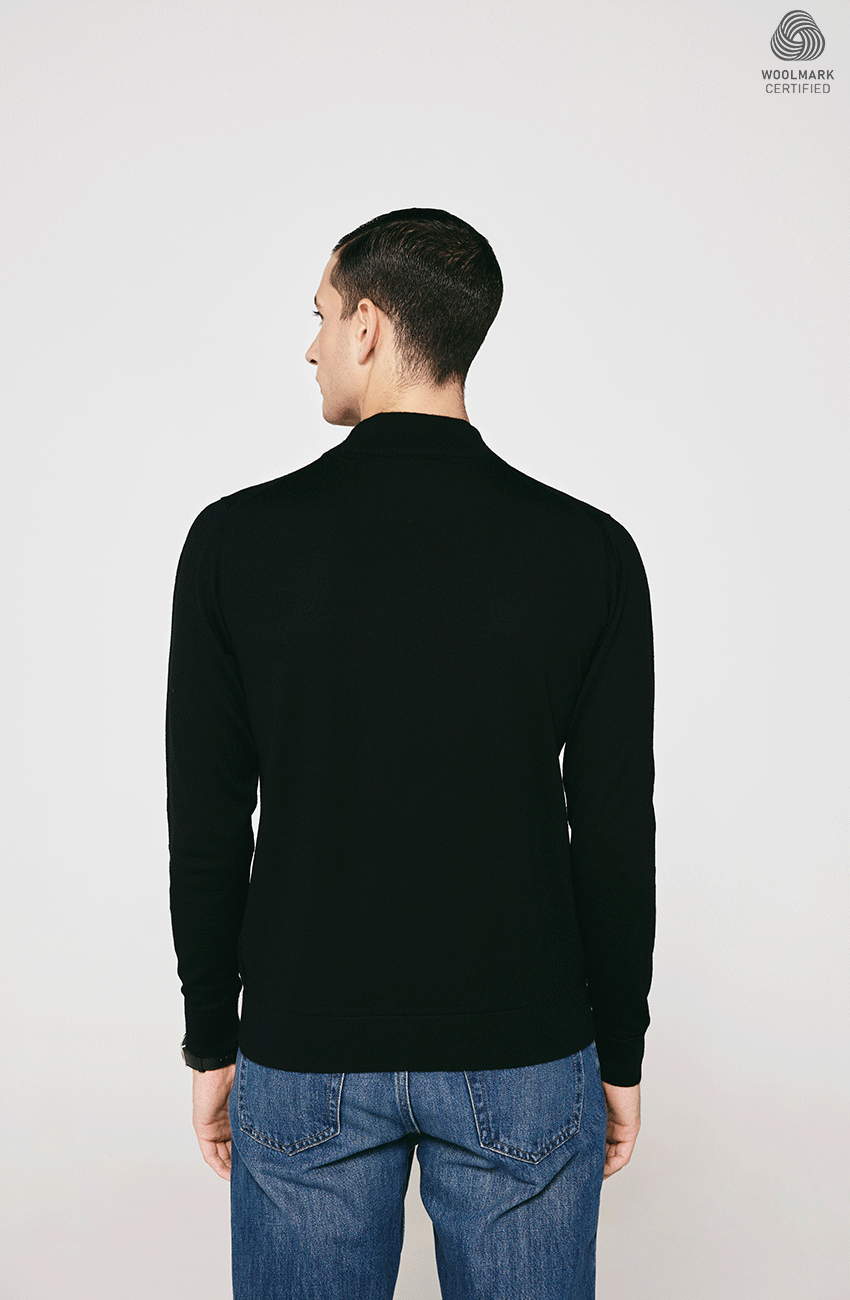 BLACK MERINO WOOL OPEN COLLAR  PULLOVER