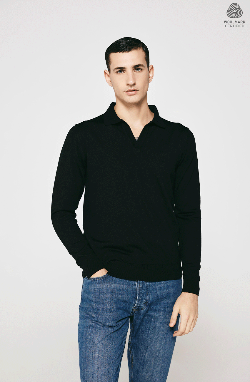 BLACK MERINO WOOL OPEN COLLAR  PULLOVER