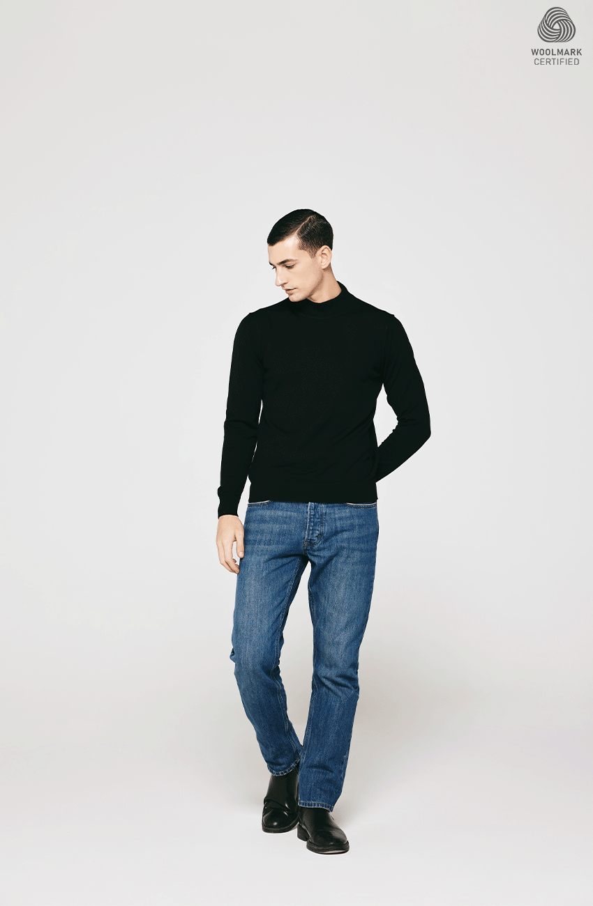 BLACK MERINO WOOL CREW NECK  PULLOVER