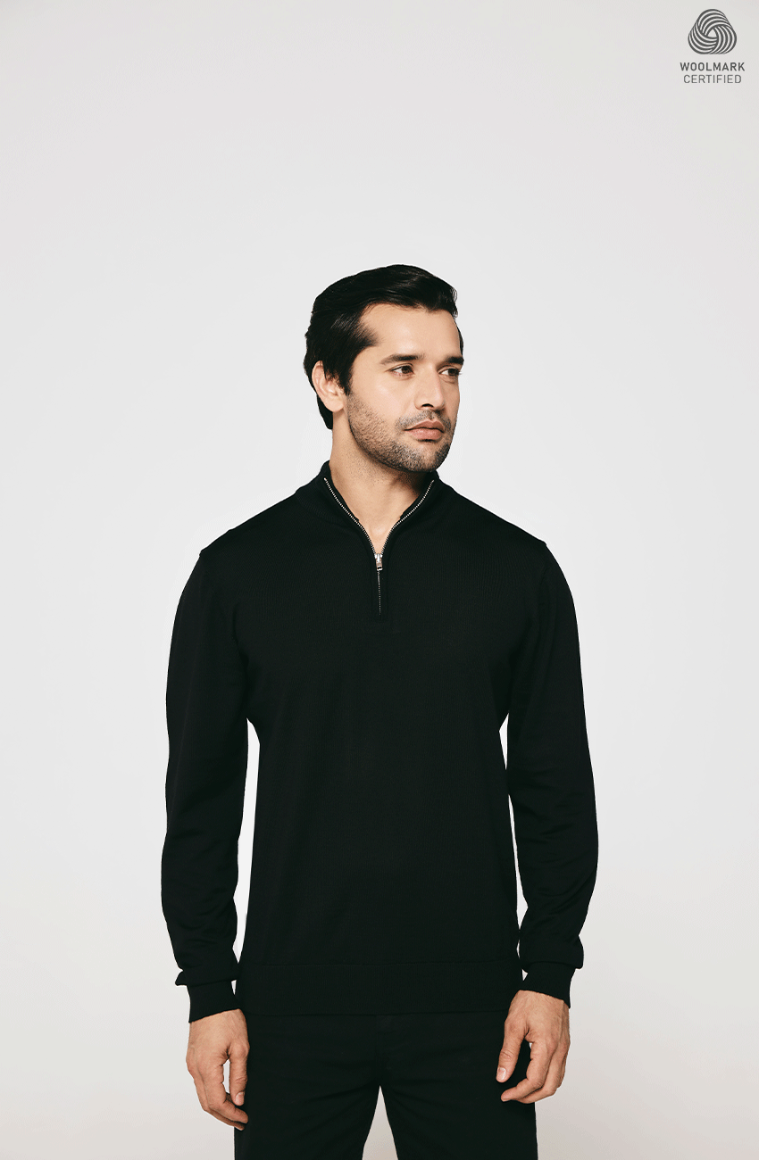 BLACK MERINO WOOL HALF ZIPPER PULLOVER