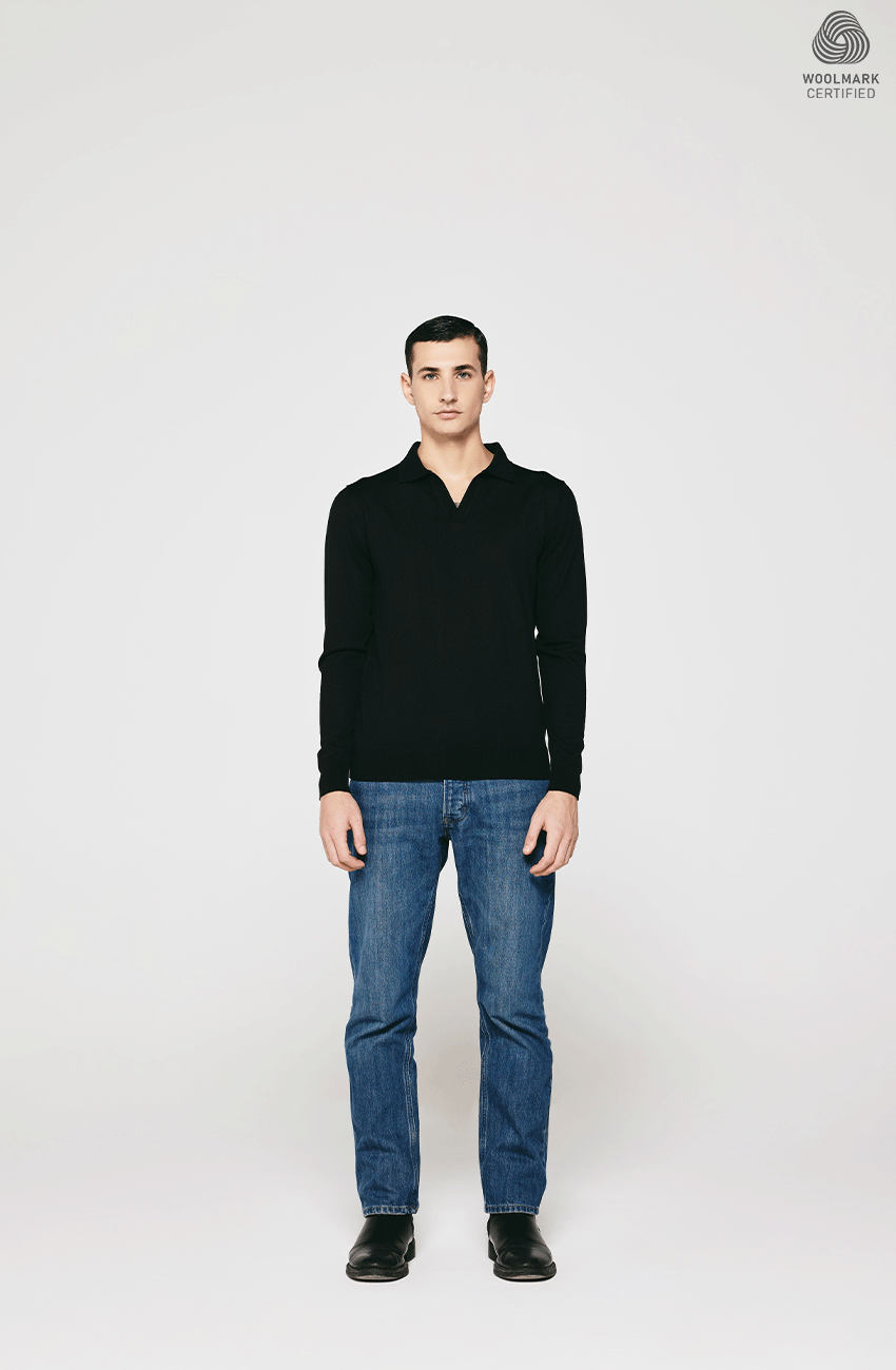 BLACK MERINO WOOL OPEN COLLAR  PULLOVER