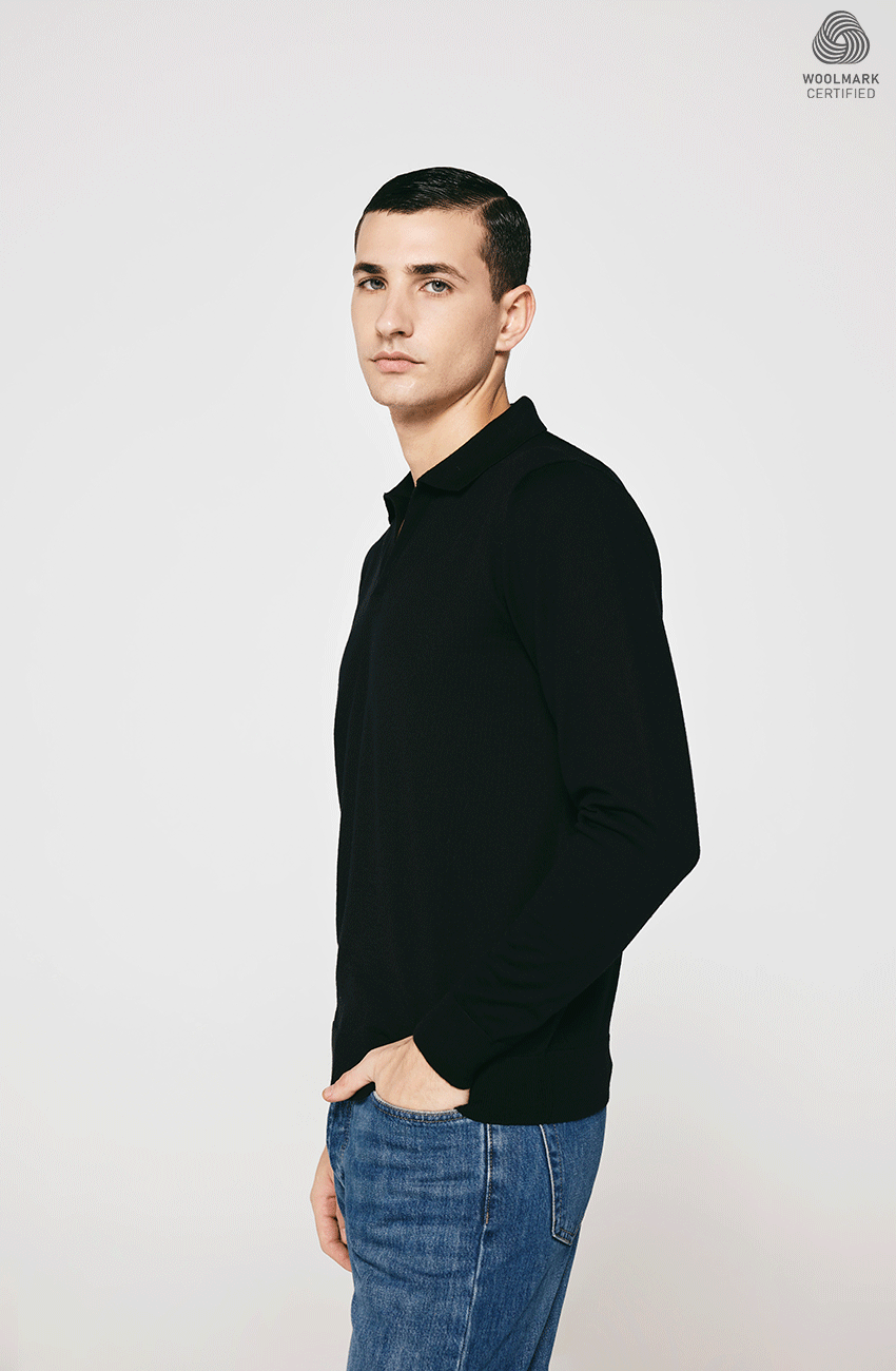 BLACK MERINO WOOL OPEN COLLAR  PULLOVER