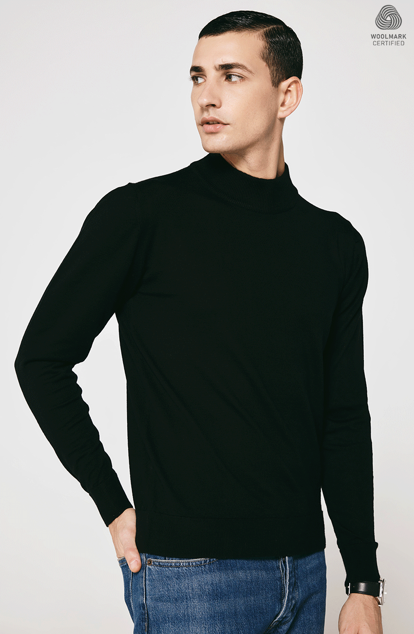 BLACK MERINO WOOL CREW NECK  PULLOVER