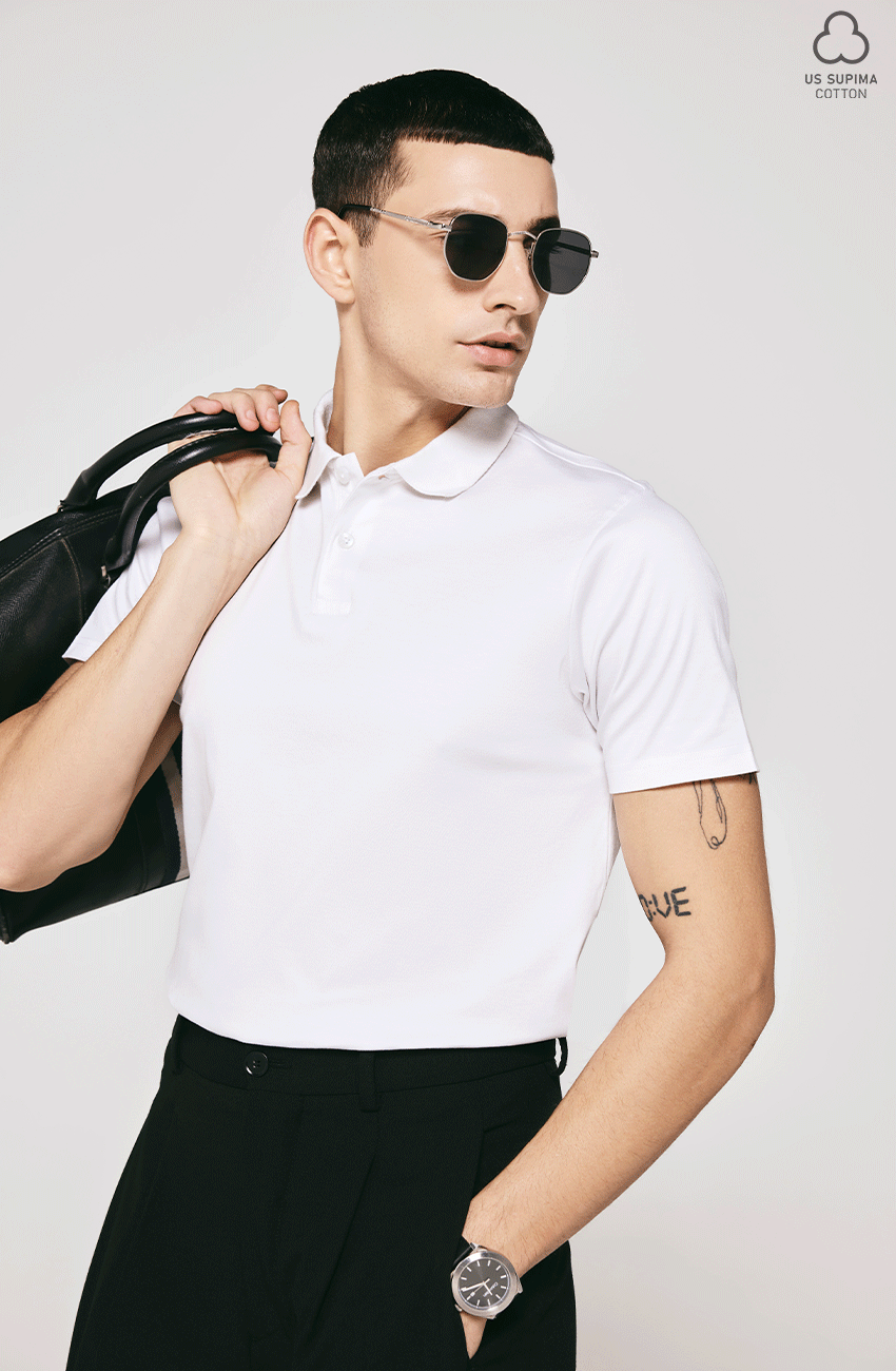 WHITE SUPIMA COTTON POLO T-SHIRT